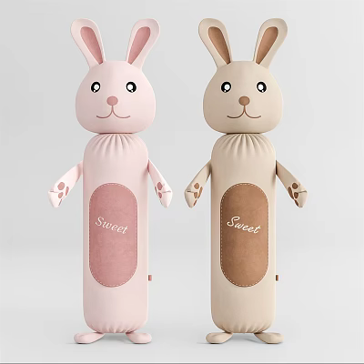 Cute Rabbit Stuffed Dolls in Pink and Beige with Sweet Label for Kids 3d model