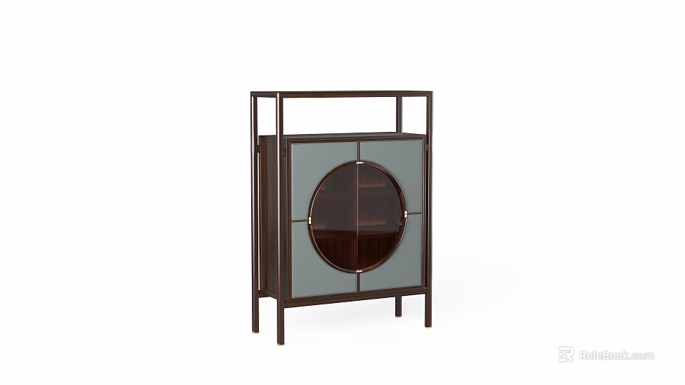 Dark Wood Cabinet with Circular Transparent Panel and Frame Structure in Minimalist Design 3d model 