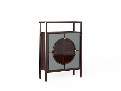Dark Wood Cabinet with Circular Transparent Panel and Frame Structure in Minimalist Design 3d model