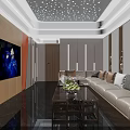 Luxury KTV Lounge Interior With Large Screen TV Beige Sofa Starry Ceiling Lights And Cushions