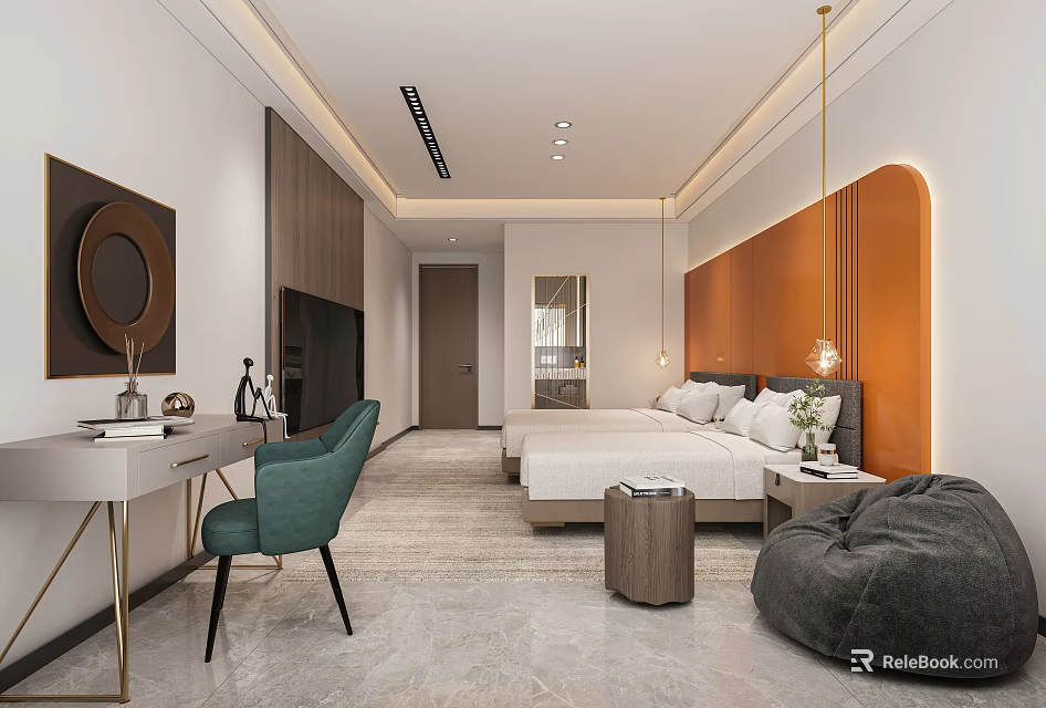 Modern Hotel Room Interior With Bed Desk Chair Accent Wall And Pendant Lights 3d model 