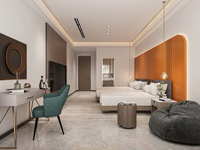 Modern Hotel Room Interior With Bed Desk Chair Accent Wall And Pendant Lights 3d model