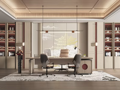 Elegant Modern Office Interior With Wooden Ceiling Built in Bookshelves Executive Desk And Ergonomic Chairs 3d model