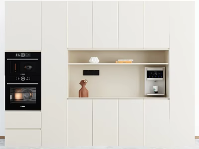 Modern White Wine Cabinet With Open Shelves Oven Coffee Machine And Decorative Items 3d model