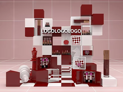 Red And White Geometric Cosmetic Display With Lipstick Bottles And Checkerboard Design 3d model