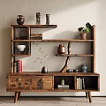 Rustic Wooden Shelf with Vases Books Potted Plant Teapot and Decorative Items in Interior
