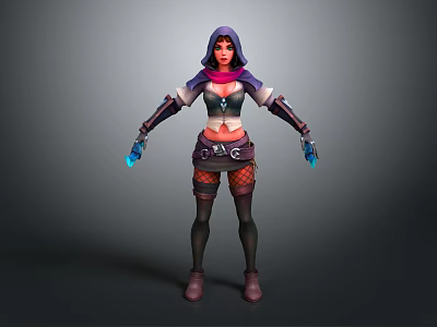Game Fantasy Character With Purple Hood Red Black Cropped Top Fishnet Waist Glowing Blue Orbs 3d model