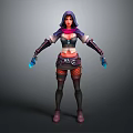 Game Fantasy Character With Purple Hood Red Black Cropped Top Fishnet Waist Glowing Blue Orbs