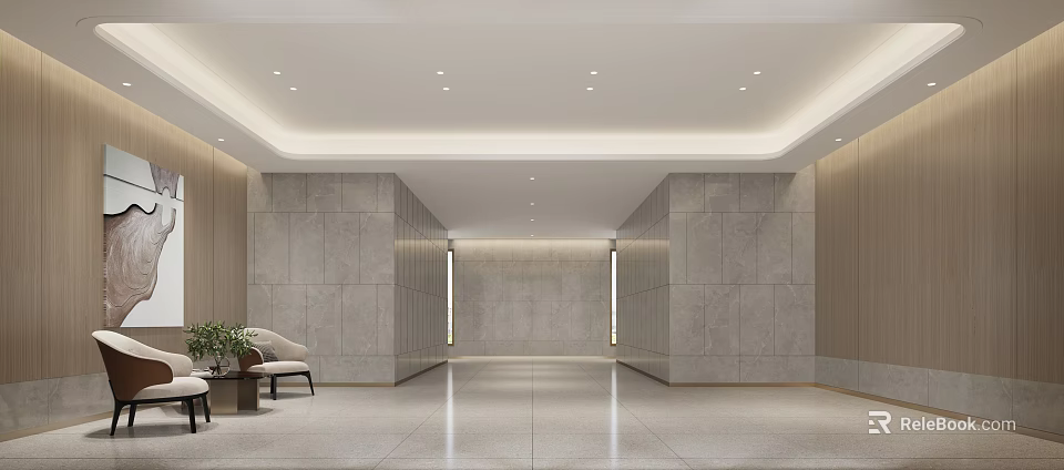 Modern Lobby with Stone Walls Wooden Panels Recessed Lighting Sofa Green Plant And Spacious Floor 3d model 