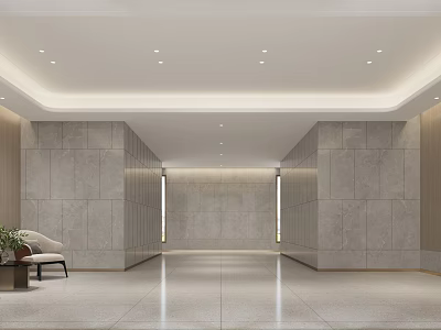 Modern Lobby with Stone Walls Wooden Panels Recessed Lighting Sofa Green Plant And Spacious Floor 3d model