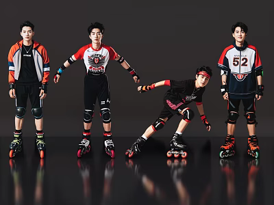 Group of Men in Roller Skating Gear Posing with Protective Equipment and Dynamic Stance 3d model