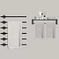 White Bath Towels and Hand Towels on Black Towel Rack With Shelf and Toiletries in Bathroom