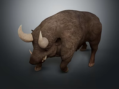 Brown Wild Bull With Large Curved Horns And Muscular Body Structure 3d model