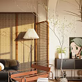 Modern Living Dining Room Interior With Wooden Furniture White Armchair Stacked Books And Pendant Lights