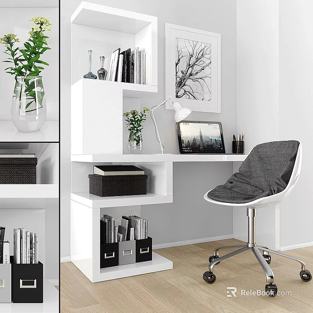 Modern Home Office Desk Chair Set With White Bookshelf Table Lamp And Laptop 3d model 