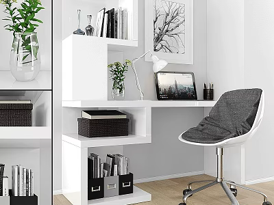Modern Home Office Desk Chair Set With White Bookshelf Table Lamp And Laptop 3d model