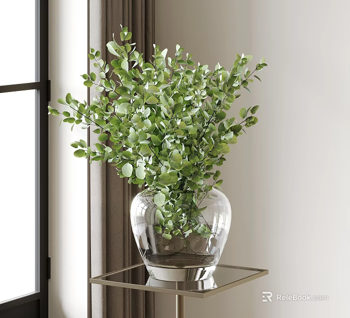 Transparent Glass Vase With Fresh Green Eucalyptus Leaves On Metal Table Near Window With Curtains 3d model 