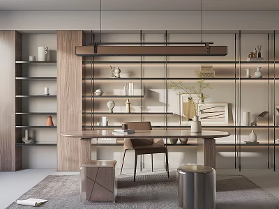 Modern Luxury Desk In Open Study Room With Bookshelves Pendant Light Green Plant And Chair 3d model