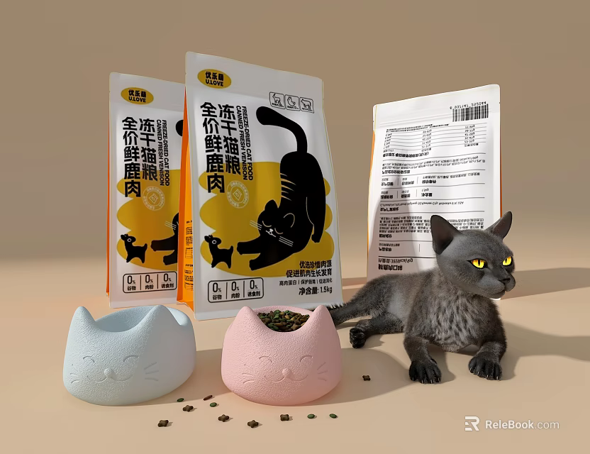 Gold Label Beef Complete Cat Food With Cat Face Bowls Gray Cat And Scattered Pellets 3d model 