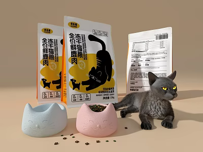 Gold Label Beef Complete Cat Food With Cat Face Bowls Gray Cat And Scattered Pellets 3d model