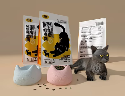 Gold Label Beef Complete Cat Food With Cat Face Bowls Gray Cat And Scattered Pellets 3d model