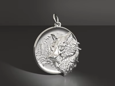 Detailed Elegant Silver Wolf Head Pendant with Moon and Trees Design 3d model