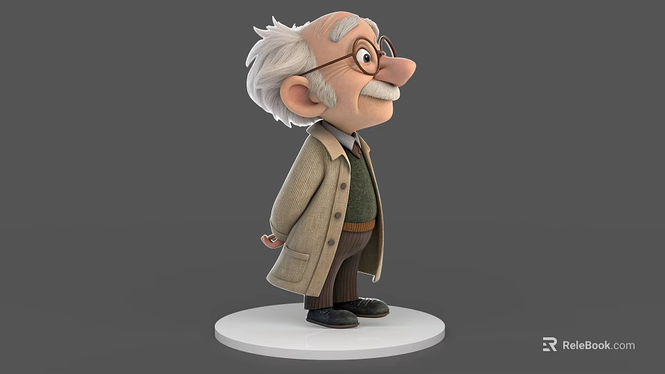 Elderly Game Movie Character With White Hair Glasses Mustache Beige Coat Green Sweater 3d model 