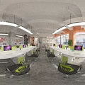 Modern Open Public Office Space With Green Chairs White Desks Computer Monitors And City View