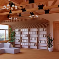 Multi Tiered Wooden Etagere In Living Room With Decorative Items Sofa And Plants