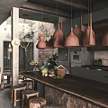 Industrial Modern Dining Living Room Interior With Concrete Floors Wooden Beams And Terracotta Pendant Lights