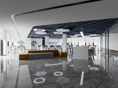 Modern Public Office Space With Open Layout Lounge Area And Lighting Design 3d model