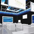 Modern Cobetter Exhibition Booth With Blue Lighting Display Screens White Counters And Green Plants