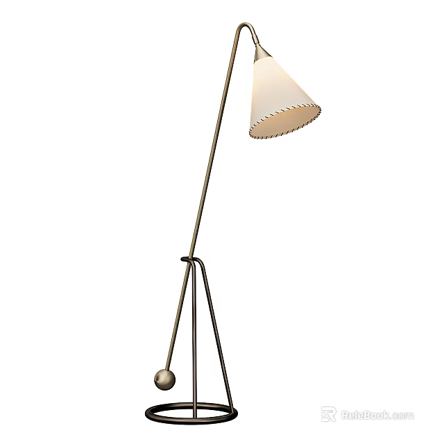 Stylish Modern Floor Lamp With Metal Tripod Base Conical Fringed Edge Lampshade 3d model 