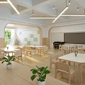 Bright Kindergarten Interior With Wooden Furniture Bookshelves And Natural Light