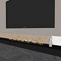 Modern Living Room Fireplace With Burning Flames Wall Mounted TV And Decorative Statue