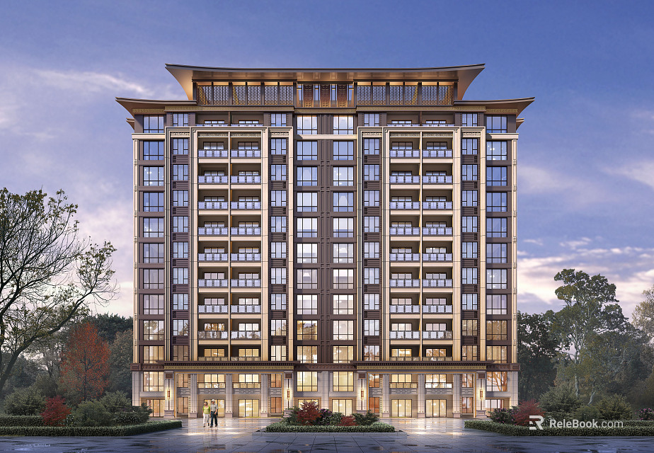 Modern High Rise Residential Building With Glass Curtain Walls And Green Surroundings Exterior Design 3d model 