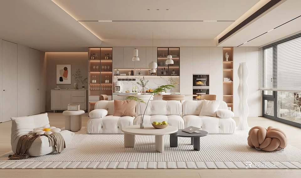 Modern Minimalist Living Room Interior With White Sofa Multiple Pillows Coffee Tables Rug And Plant 3d model 
