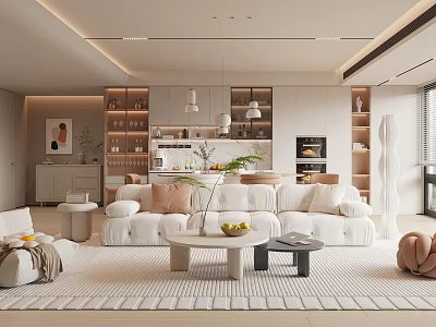 Modern Minimalist Living Room Interior With White Sofa Multiple Pillows Coffee Tables Rug And Plant 3d model