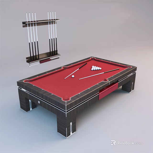 Modern Billiard Table With Red Felt Surface Wall Mounted Cue Rack And Balls 3d model 