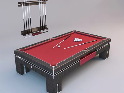 Modern Billiard Table With Red Felt Surface Wall Mounted Cue Rack And Balls 3d model