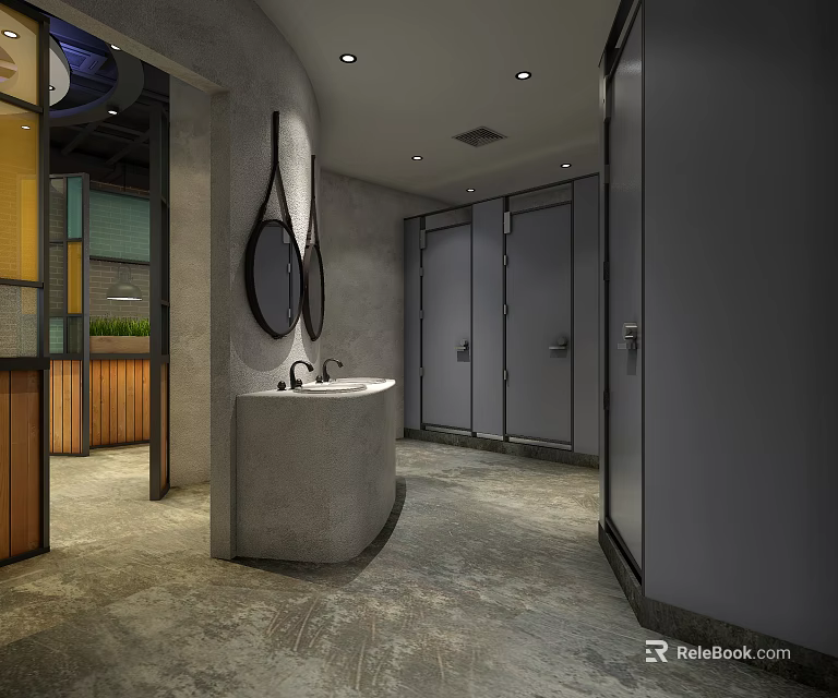 Modern Public Restroom Interior With Sink Stalls Stone Floor And Mirrors 3d model 