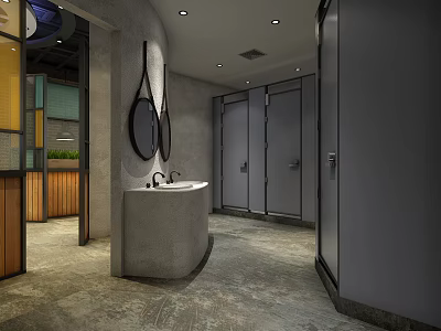 Modern Public Restroom Interior With Sink Stalls Stone Floor And Mirrors 3d model