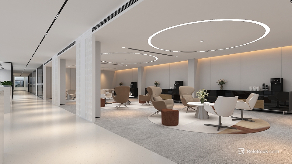 Modern Lounge Area Interior Design With Circular Lighting Beige Chairs White Tables And Rugs 3d model 