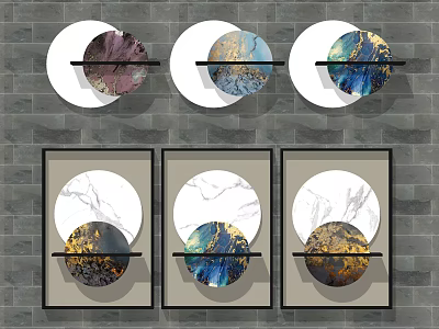 Modern Wall Decor With Circular Design Colorful Patterns And Square Frames On Gray Brick Wall 3d model