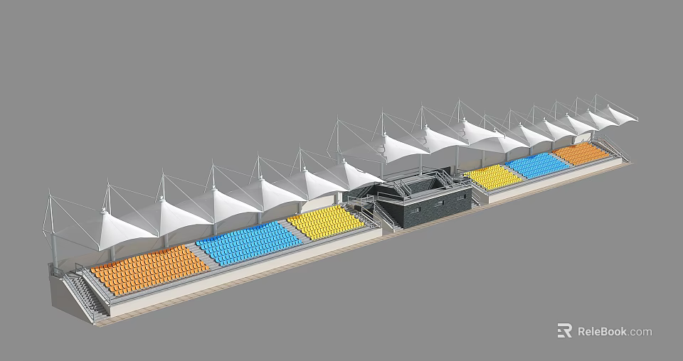 Public Stadium Facility With White Membrane Roof And Colorful Seats 3d model 