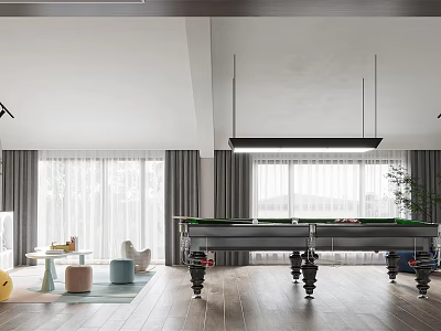 Modern Entertainment Room Interior With Billiard Table Windows Curtains And Wooden Floor 3d model