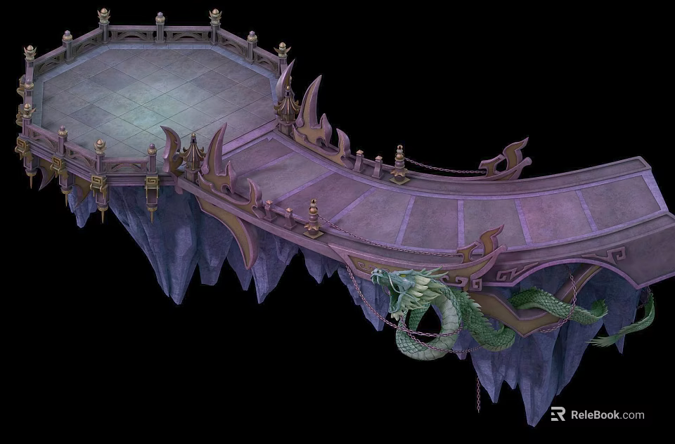 Ornate Floating Bridge With Decorative Railings And Dragon Sculpture On Cliff Edge 3d model 