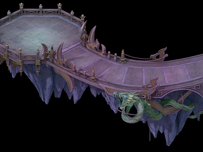 Ornate Floating Bridge With Decorative Railings And Dragon Sculpture On Cliff Edge 3d model