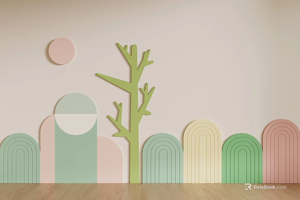 Soft Pastel Background Wall With Tree Shaped Decoration Circular Accents And Arched Elements 3d model 
