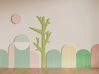 Soft Pastel Background Wall With Tree Shaped Decoration Circular Accents And Arched Elements 3d model